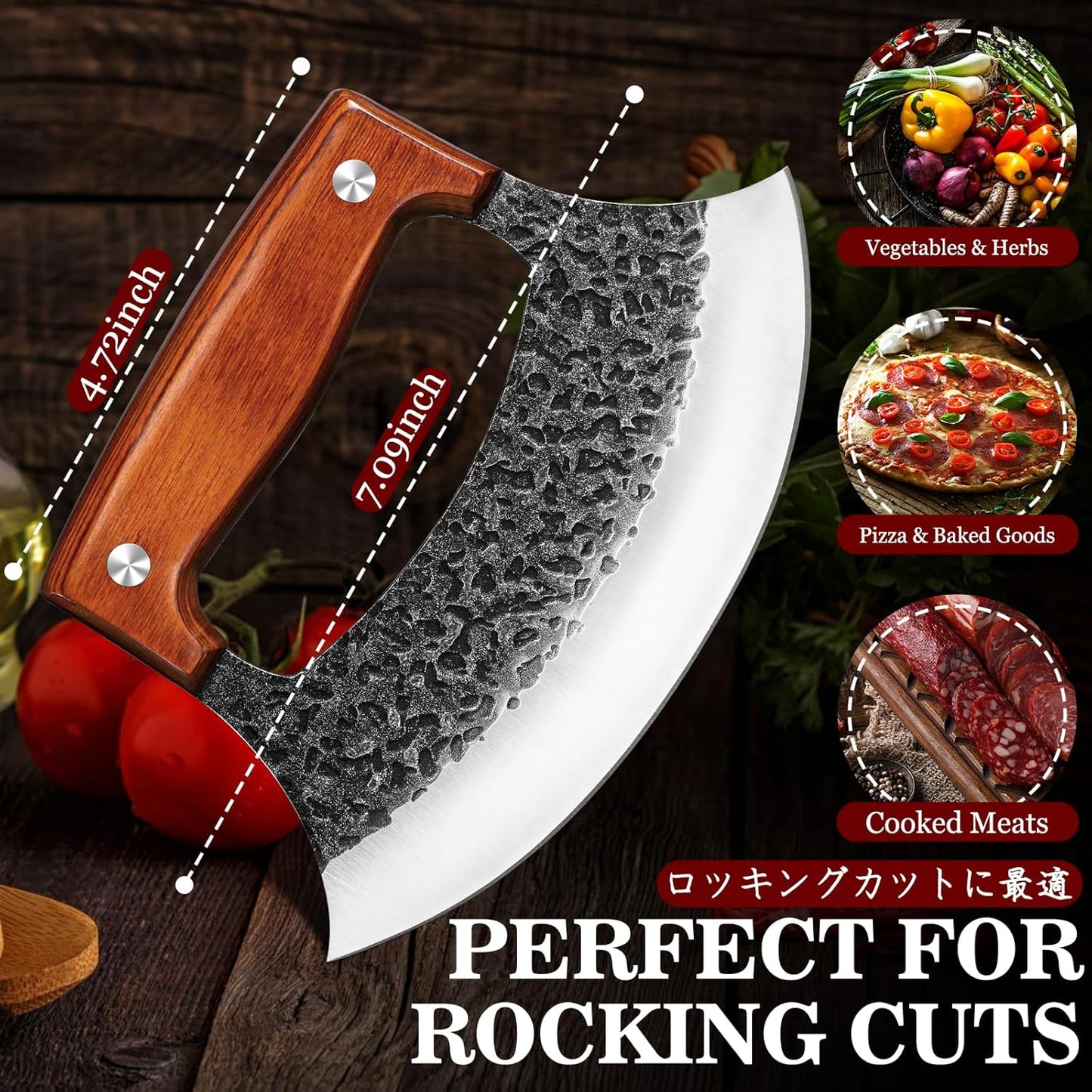 TIVOLI Hand-Forged Ulu Knife – Full Tang High Carbon Steel, Japanese-Inspired with Sheath & Gift Box, Mezzaluna Rocker Knife & Pizza Cutter for Kitchen, Camping & BBQ,Japanese Birthday Gifts for Men