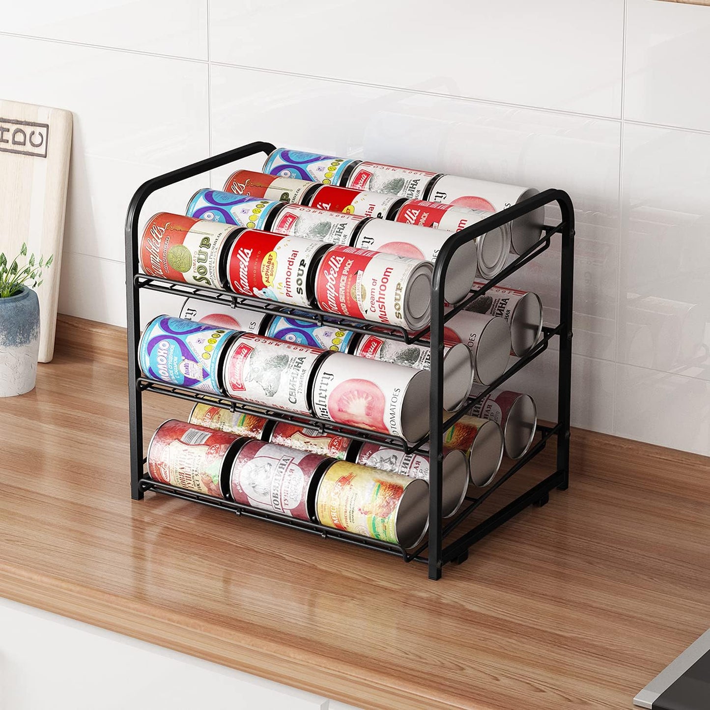AIYAKA Can Rack Organizer, 3 Tier Stackable Can Storage Dispenser–12.2" D x 16.6" W x 14.5" H,for Food Storage, Kitchen or Pantry, Storage for 36 Cans, Black