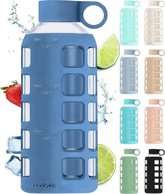 purifyou 40oz / 32oz / 22oz / 12oz Borosilicate Glass Water Bottle with Time & Volume Markers, Silicone Sleeve, Stainless Steel Lid – Reusable Glass Bottle for Water & Juice (22oz Chinese Porcelain)