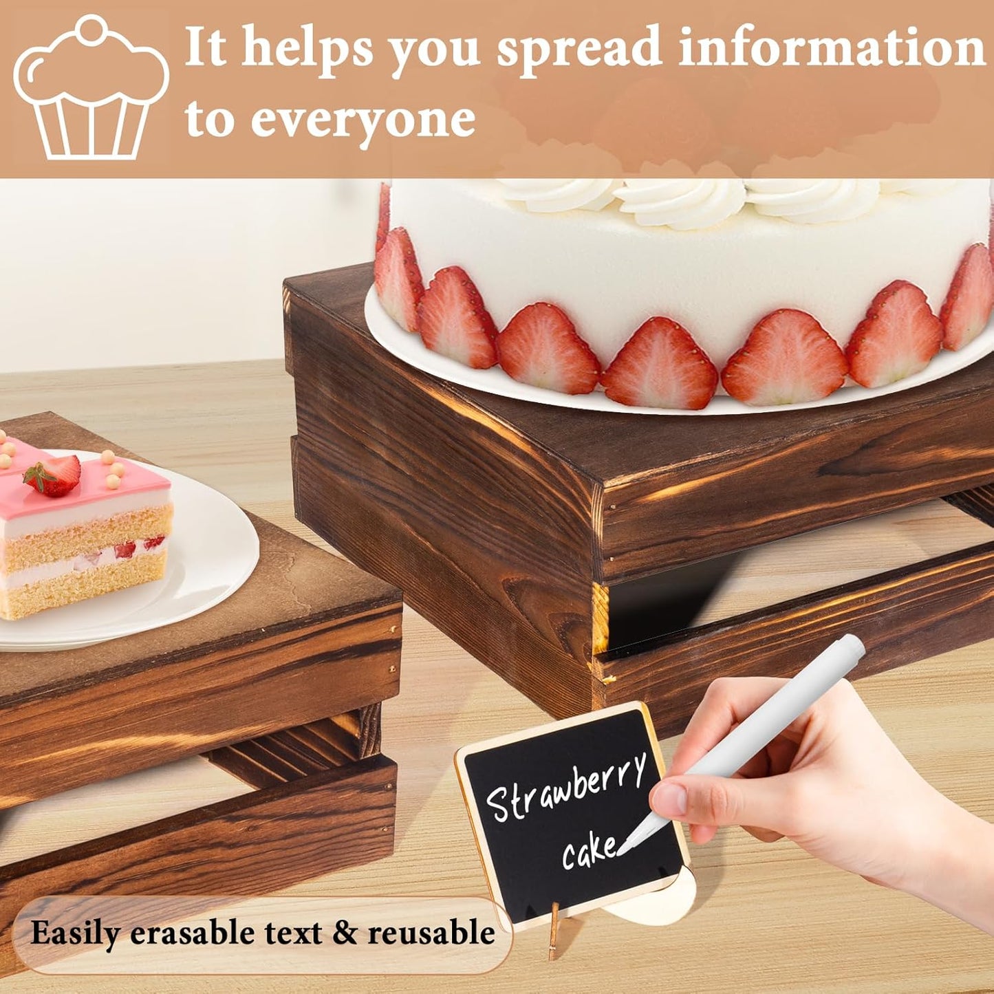 6 Pcs Buffet Risers with Mini Signs, Rustic Wood Cake Stands, Food Risers for Buffet Table, Dessert Display Stand, Wood Crates, Rustic Cake Stand for Party, Wedding, Birthday, Baby Shower, 3 Sizes