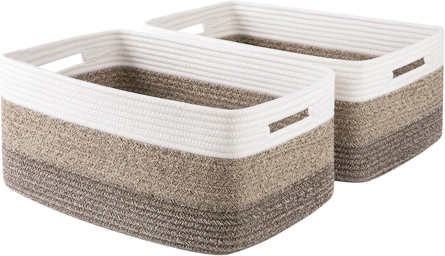 Large Storage Basket for Organizing, Woven Rope Basket for Shelves, Closet Organizer Bins for Clothes, Blanket, Toys, Baby Nursery Storage, 17.7" x 13" x 7.87", 2 Packs Yellow
