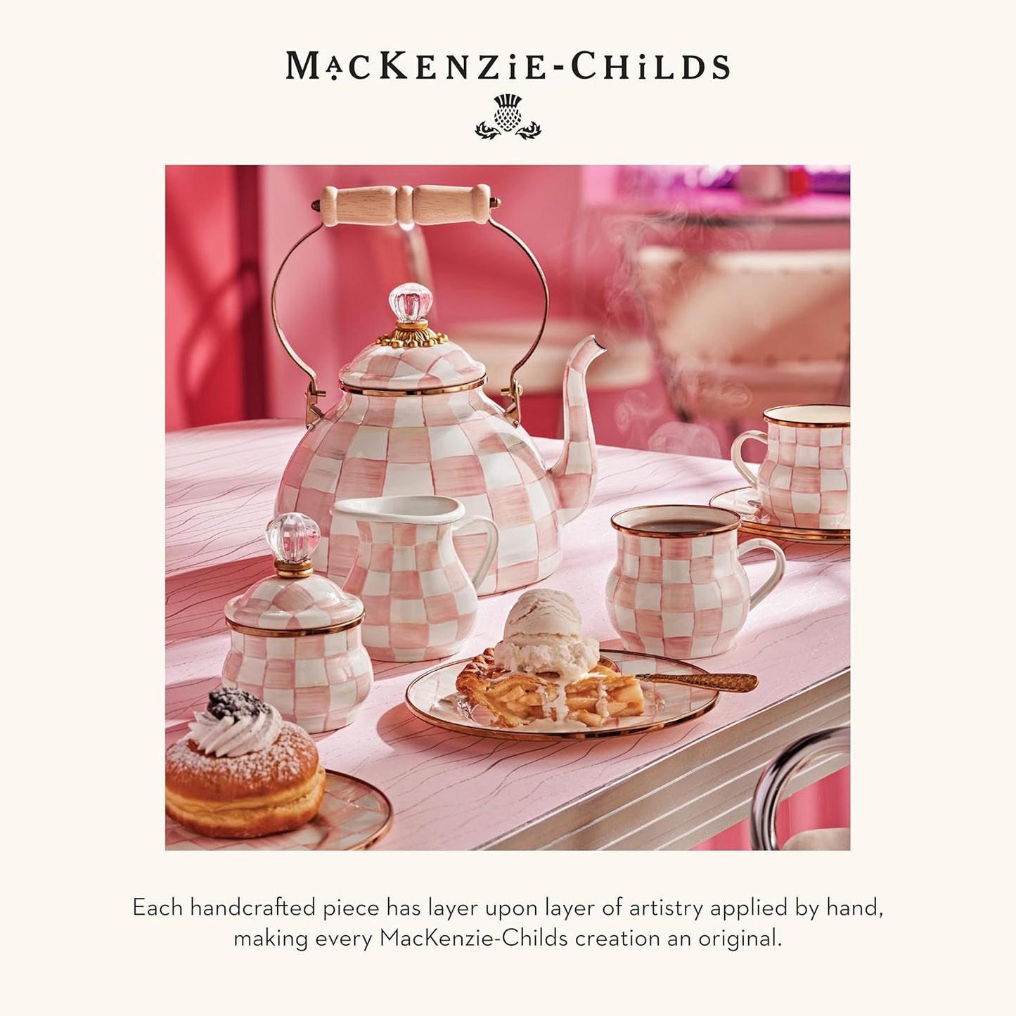 MACKENZIE-CHILDS Enamel Utensil Holder, Kitchen Utensil Holder for Countertop, Storage Caddy, Pink-and-White Rosy Check