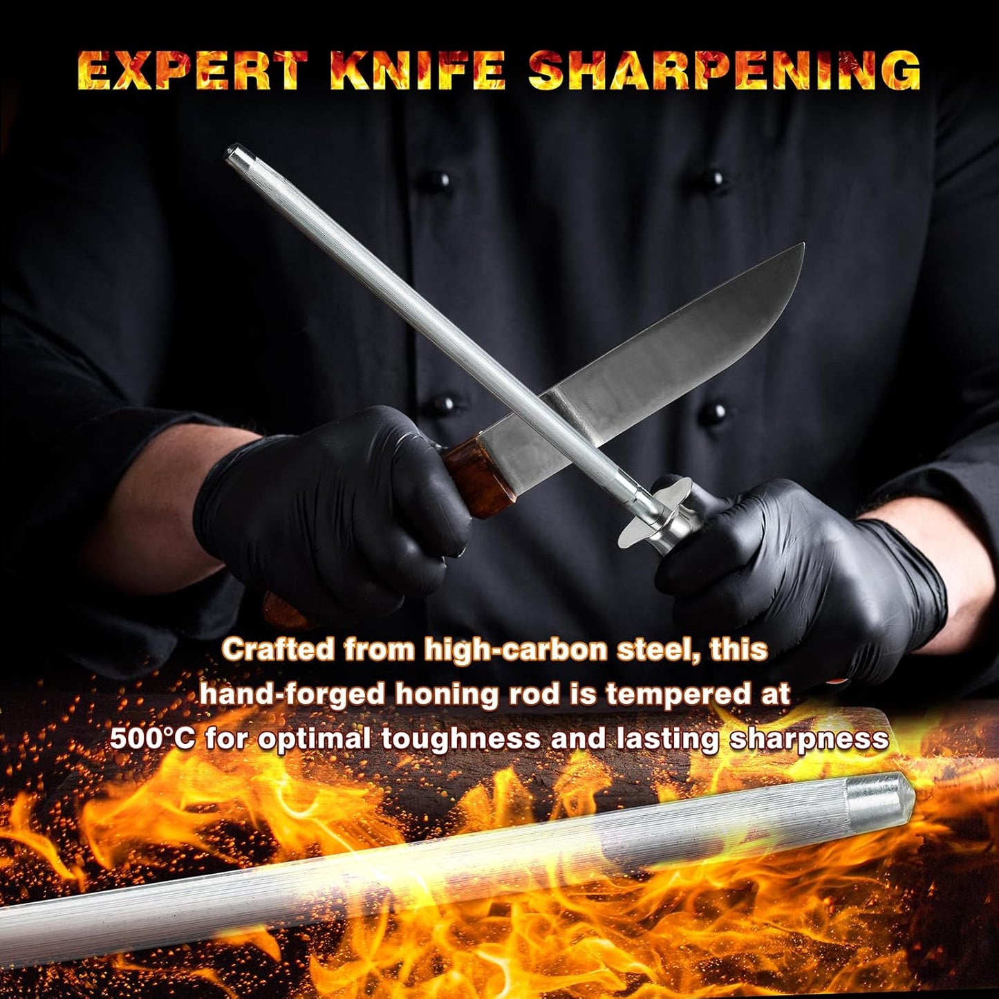 Knife Sharpener Rod, Kitchen Knives Sharpener Carbon Steel Professional Knife Sharpening Steel, Honing Rod with Hanging Holes (13 inches), A