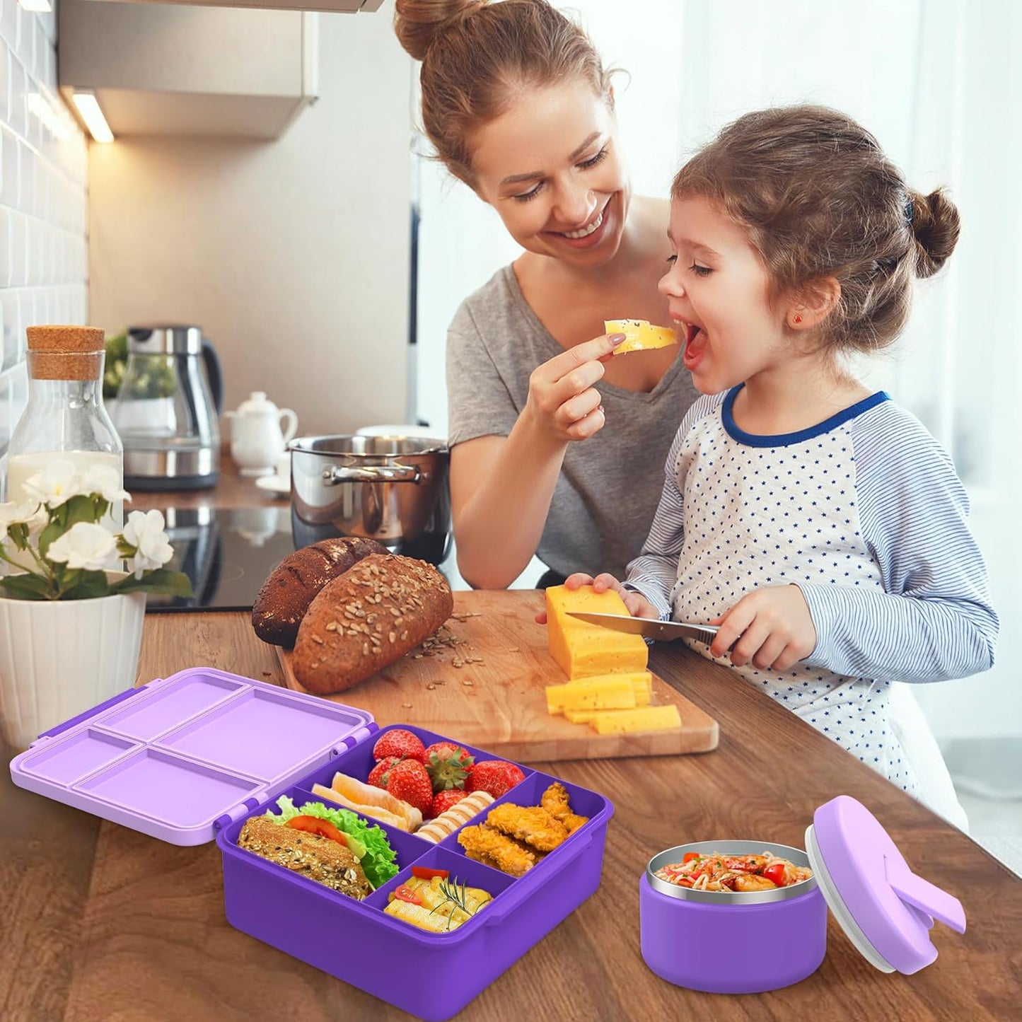 Bento Lunch Box with 8oz Soup Thermo, Kids Leakproof Lunch Food Containers with 4 Compartment, Kids Thermo Insulated Hot Food Jar for School, Trvael (Purple)