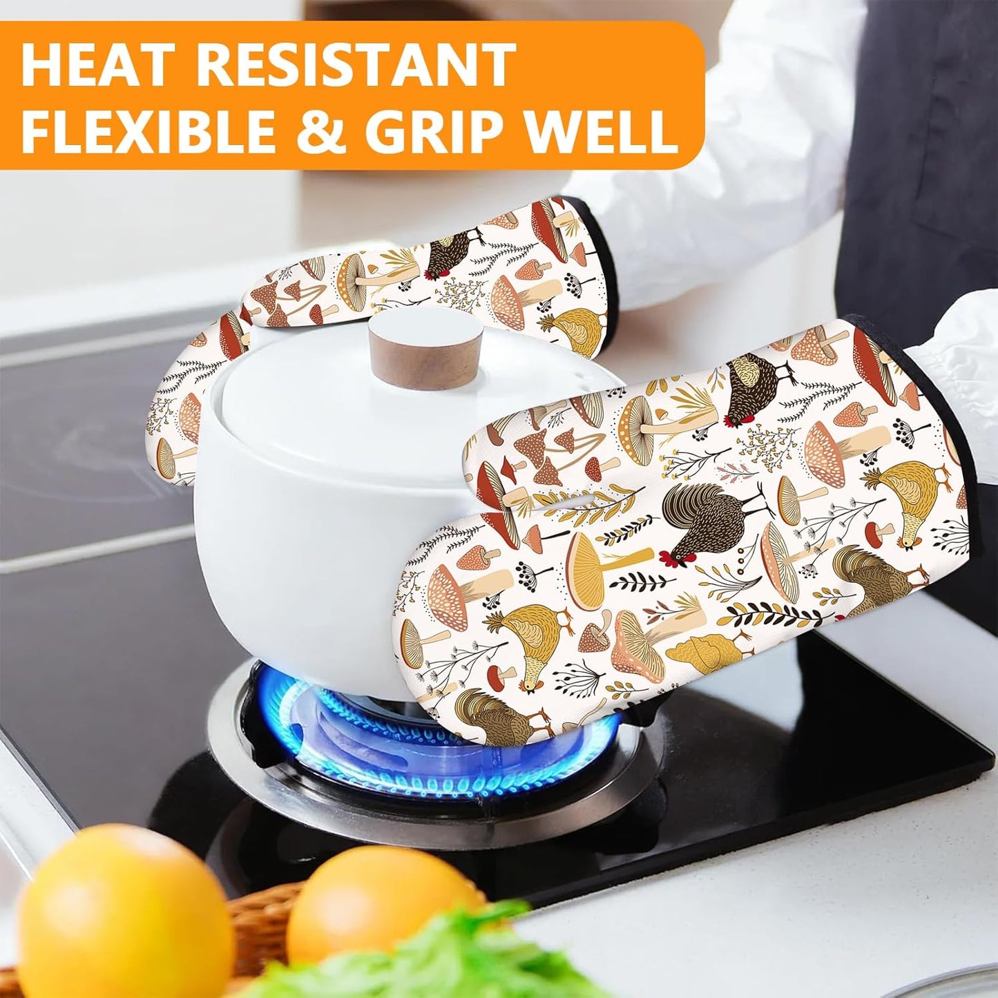 Rooster Oven Mitts and Pot Holders Sets 4Pcs,Extra Long Oven Gloves Potholder for Kitchen Cooking Baking BBQ 100% Cotton Heat Resistant