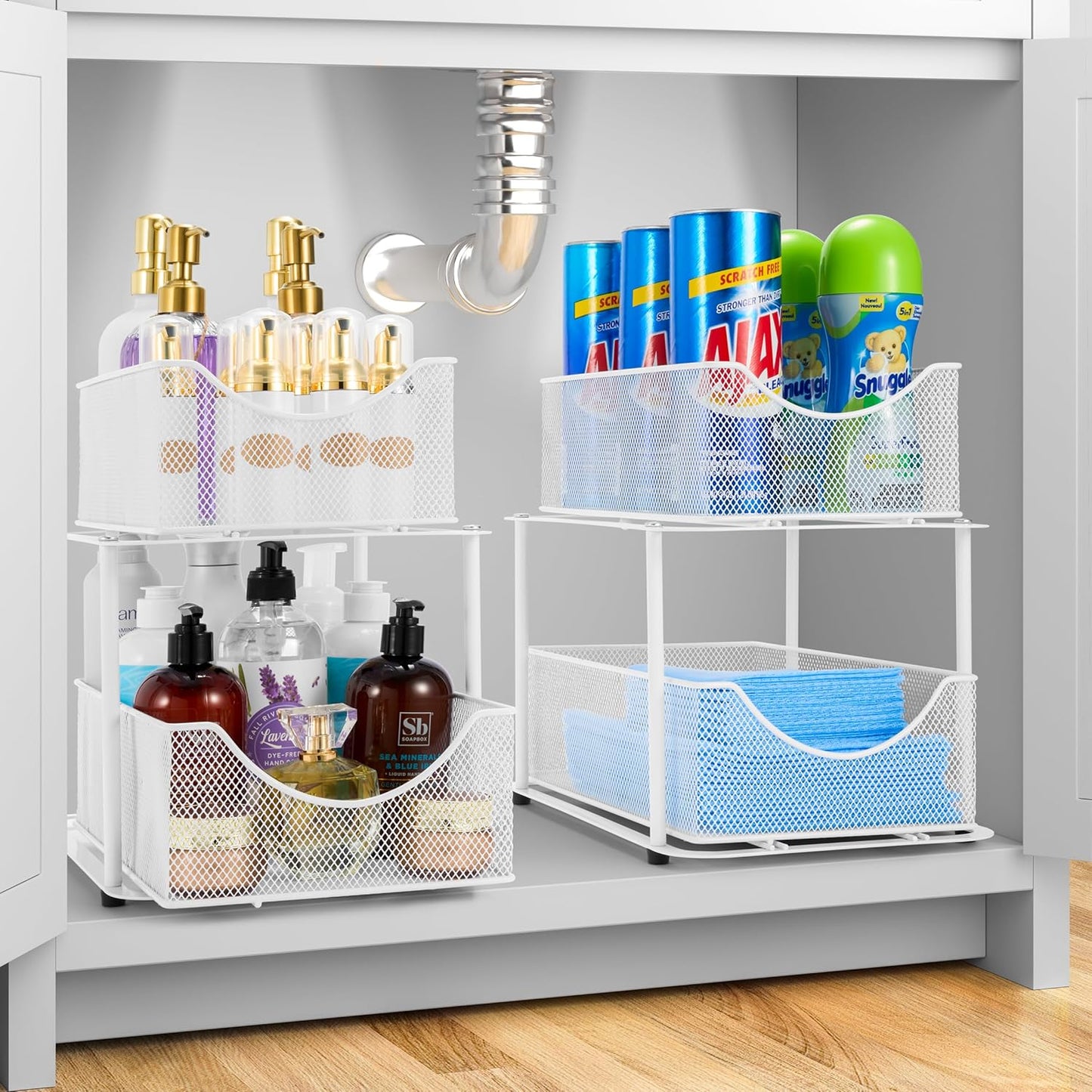 Sorbus 2 Tier Under Sink Bathroom Organizers and Storage, Strong Steel Mesh Sliding Drawers for Enhanced Bathroom Storage Ideal Bathroom Organization and Storage & Under Kitchen Sink Organizer (White)