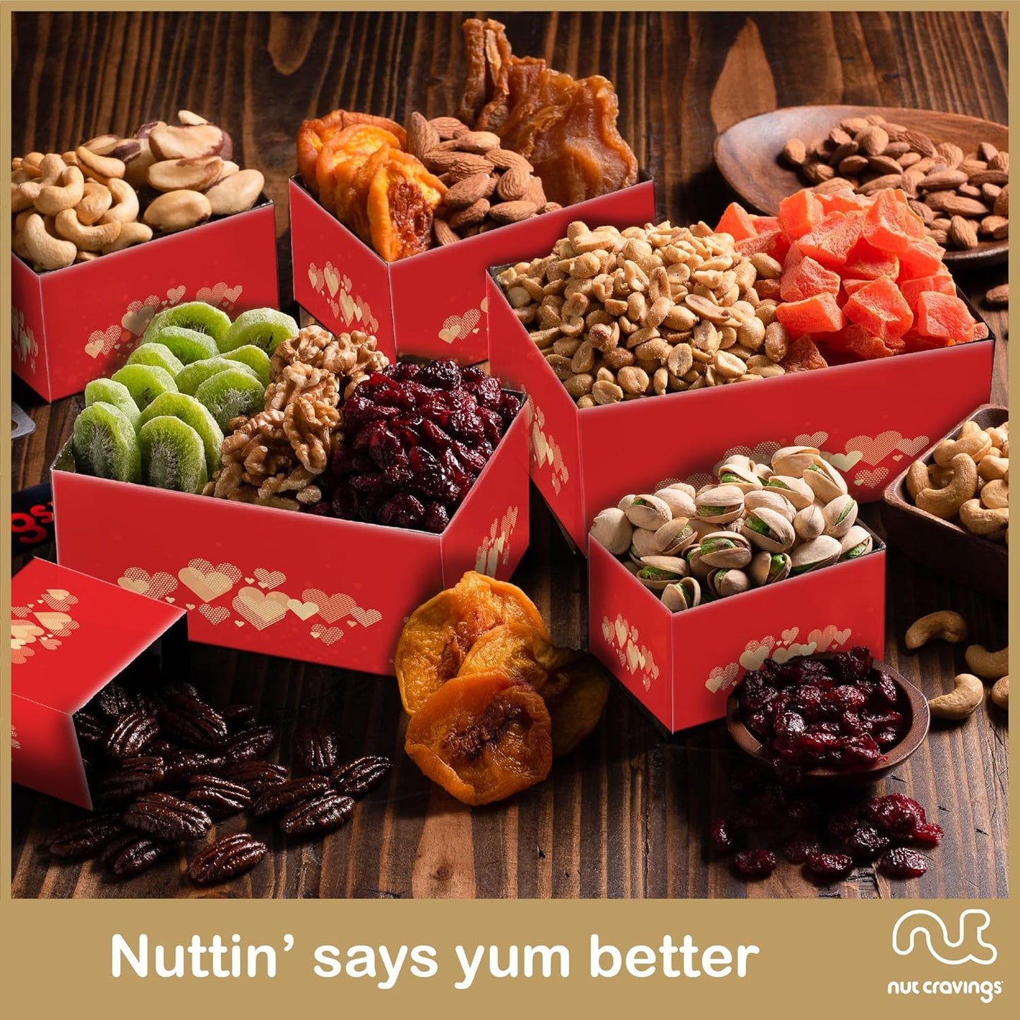 NUT CRAVINGS - Dried Fruit & Mixed Nuts Gift Basket Red Tower + Heart Ribbon (12 Assortments) Food Arrangement, Healthy Snack Care Package, Food Assortments