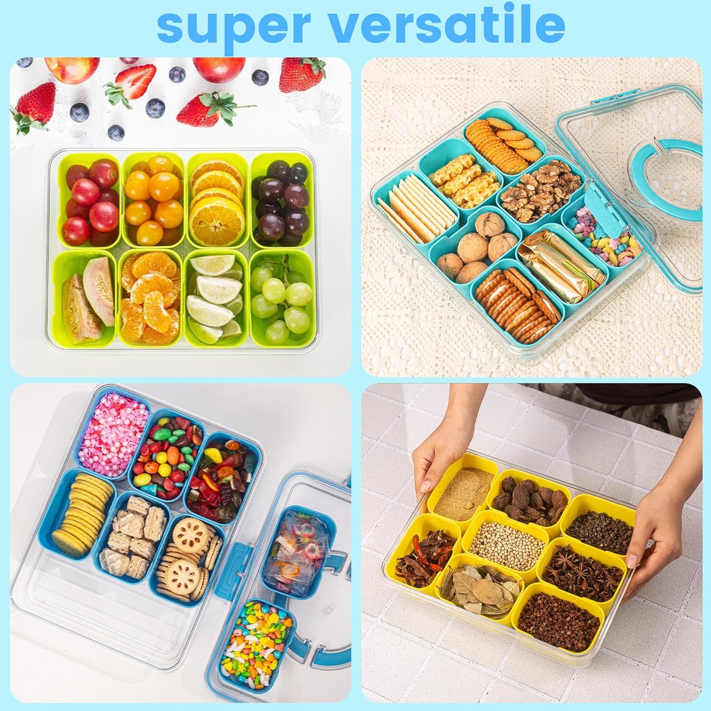 Divided Serving Tray with Lid and Handle - Snackle Box Charcuterie Container for Portable Snack Platters Organizer for Candy, Fruits, Nuts, Snacks - Perfect for Party, Entertaining, Cerulean