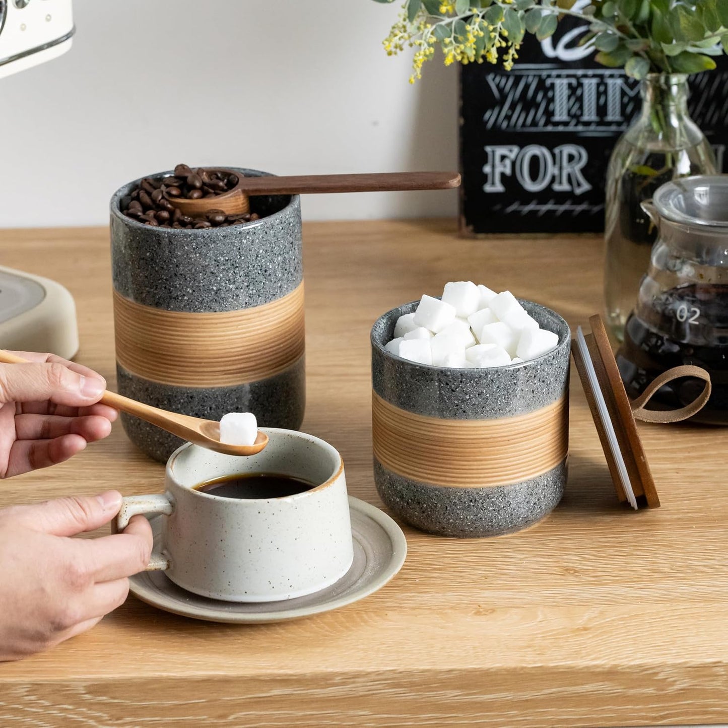 Ceramic Jar with Lid Airtight, Coffee Container Kitchen Food Storage Jars for Spice Sugar Tea Bag, Stackable Decorative Jars for Countertop, Grey & 18 fl.oz