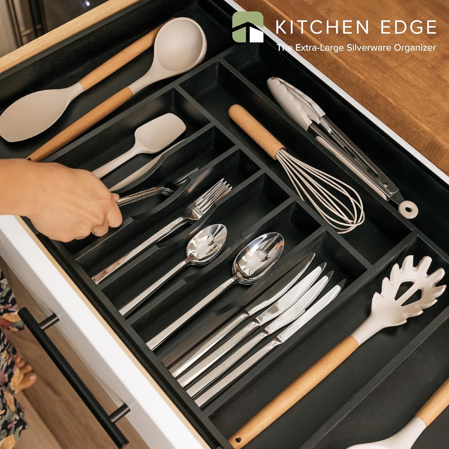 Premium Silverware, Flatware and Utensil Organizer for Kitchen Drawers, Food-Safe Contract Grade, Expandable from 18 to 33 In, Black Bamboo