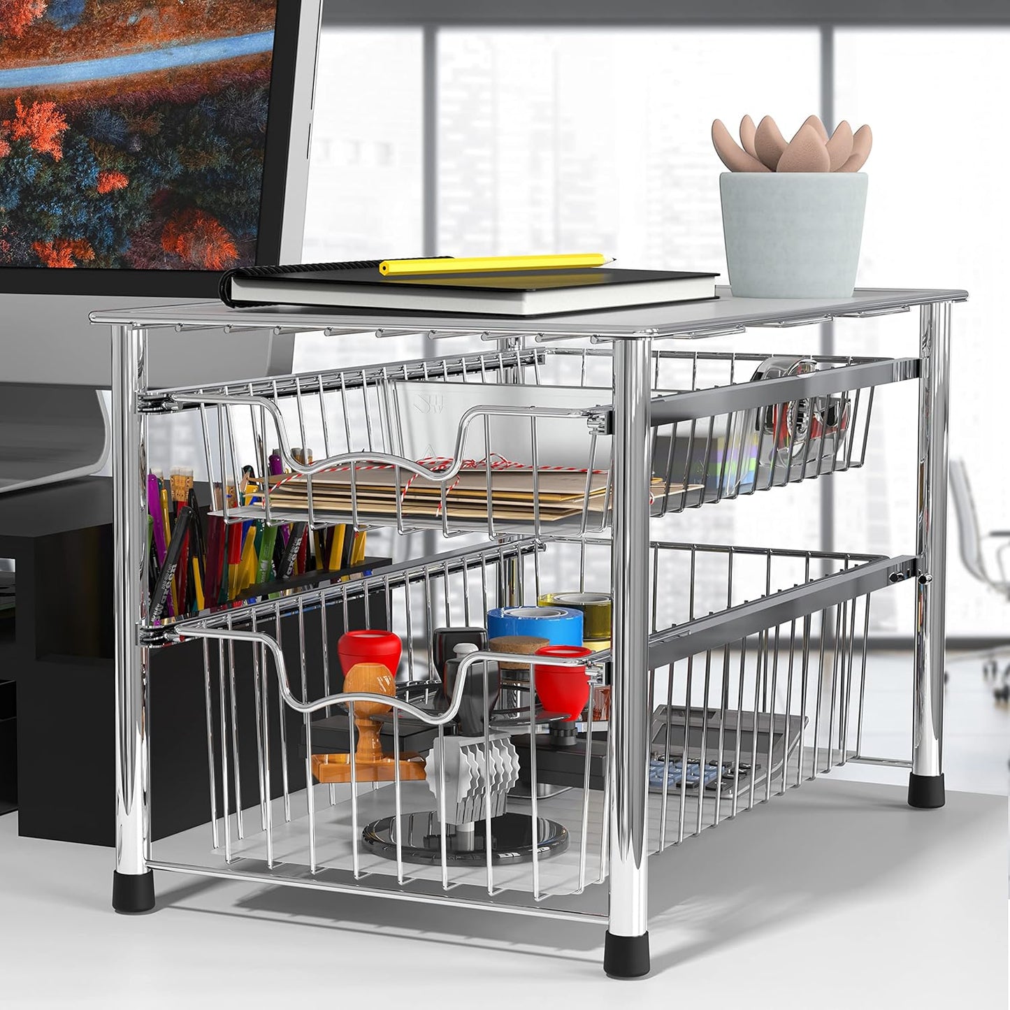 Simple Houseware Stackable 2 Tier Sliding Basket Organizer Drawer, Chrome