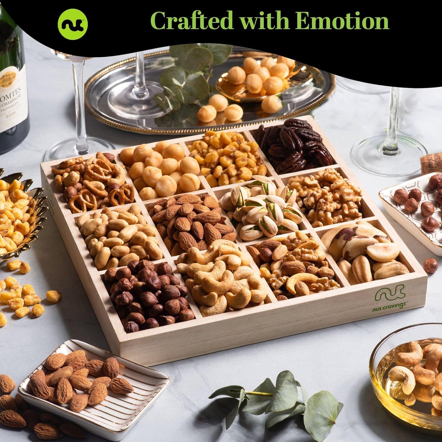 NUT CRAVINGS Gourmet Collection - Get Well Soon, Nuts Gift Basket with Get Well Soon Ribbon in Reusable Wooden Tray (12 Assortments) Food Arrangement, Healthy Snack Care Package, Food Assortments