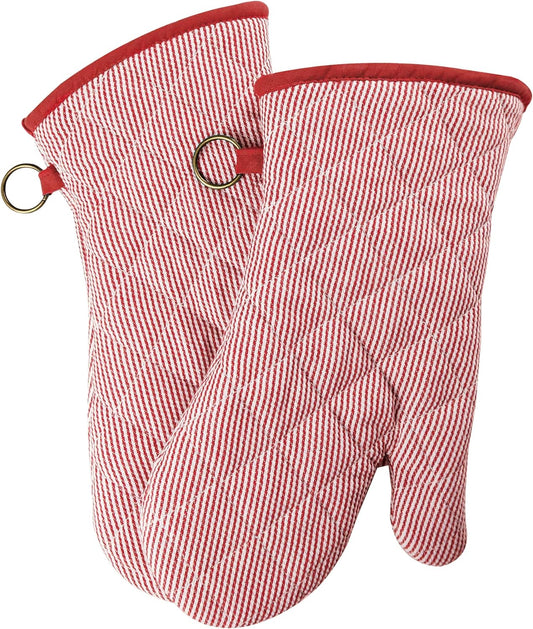 1 Pair Yarn Dyed Oven Mitts 100% Cotton Heat Resistant 470 Degree Gloves Men Women Cooking Baking Barbecue BBQ Microwave Crafting Machine Washable Pot Holders Mittens (red2)