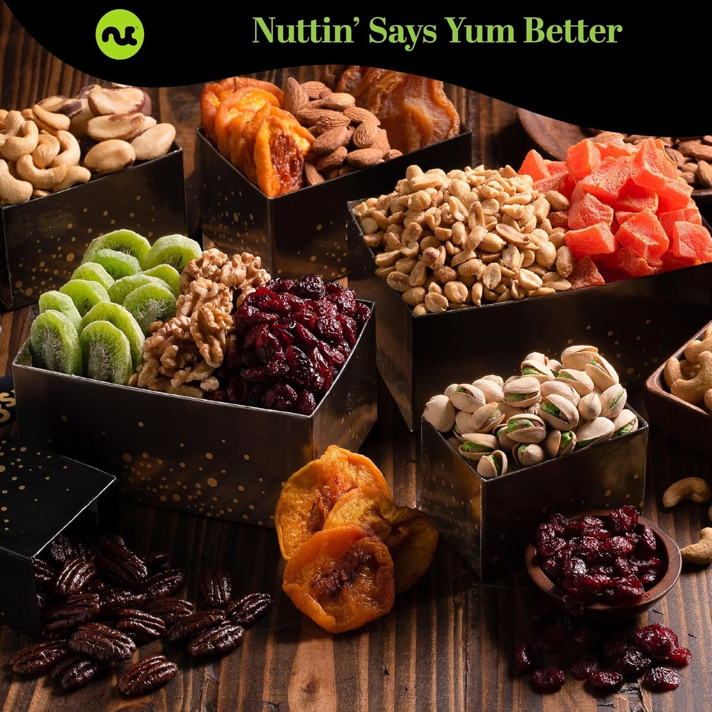 NUT CRAVINGS Gourmet Collection - Congratulations, Nuts & Dried Fruits Tower Gift Basket, with Congrats Ribbon + Greeting Card (12 Assortments) Food Arrangement, Healthy Snack, Food Assortments