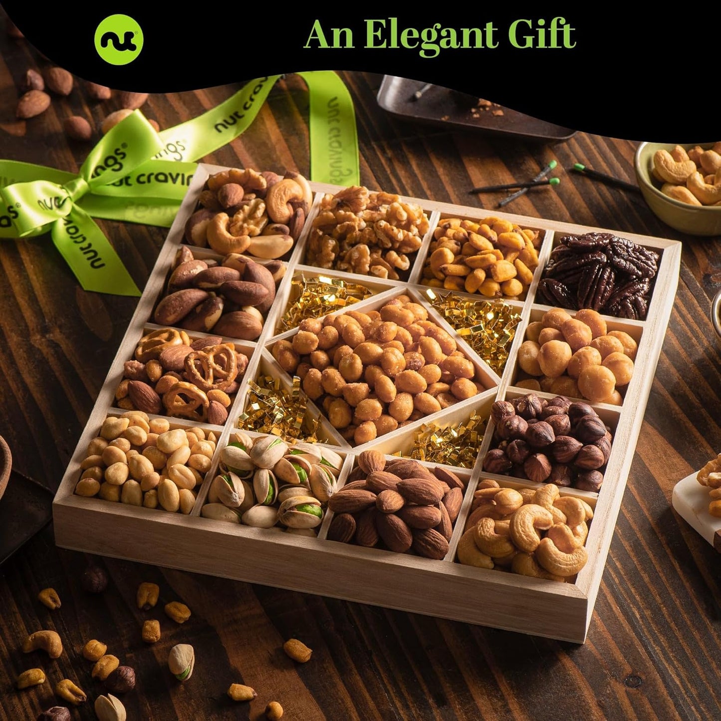 NUT CRAVINGS - Mixed Nuts Gift Basket in Reusable Diamond Wooden Tray + Green Ribbon (13 Assortments) Food Arrangement, Healthy Snack Care Package, Food Assortments