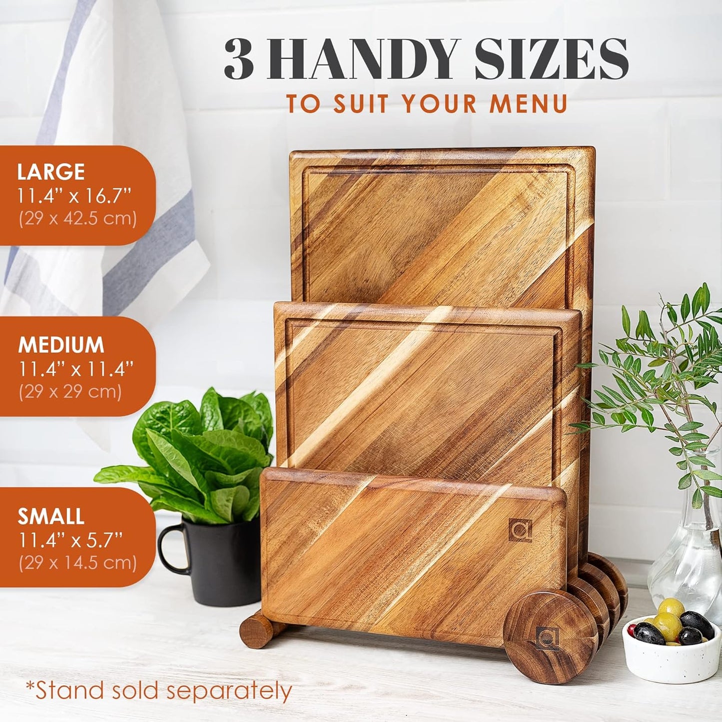 Chorus Wood Cutting Board Set with Juice Groove (3 Pieces) - Acacia Wood Kitchen Cutting Boards, Chopping Board for Meat (Butcher Block), Vegetables, Cheese - 100% Natural Hardwood