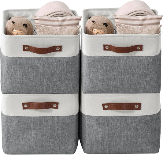 DECOMOMO Storage Baskets for Shelves - Fabric Storage Bins, Linen Closet Organizers and Storage (Slate Grey & White, Large - 4 Pack)