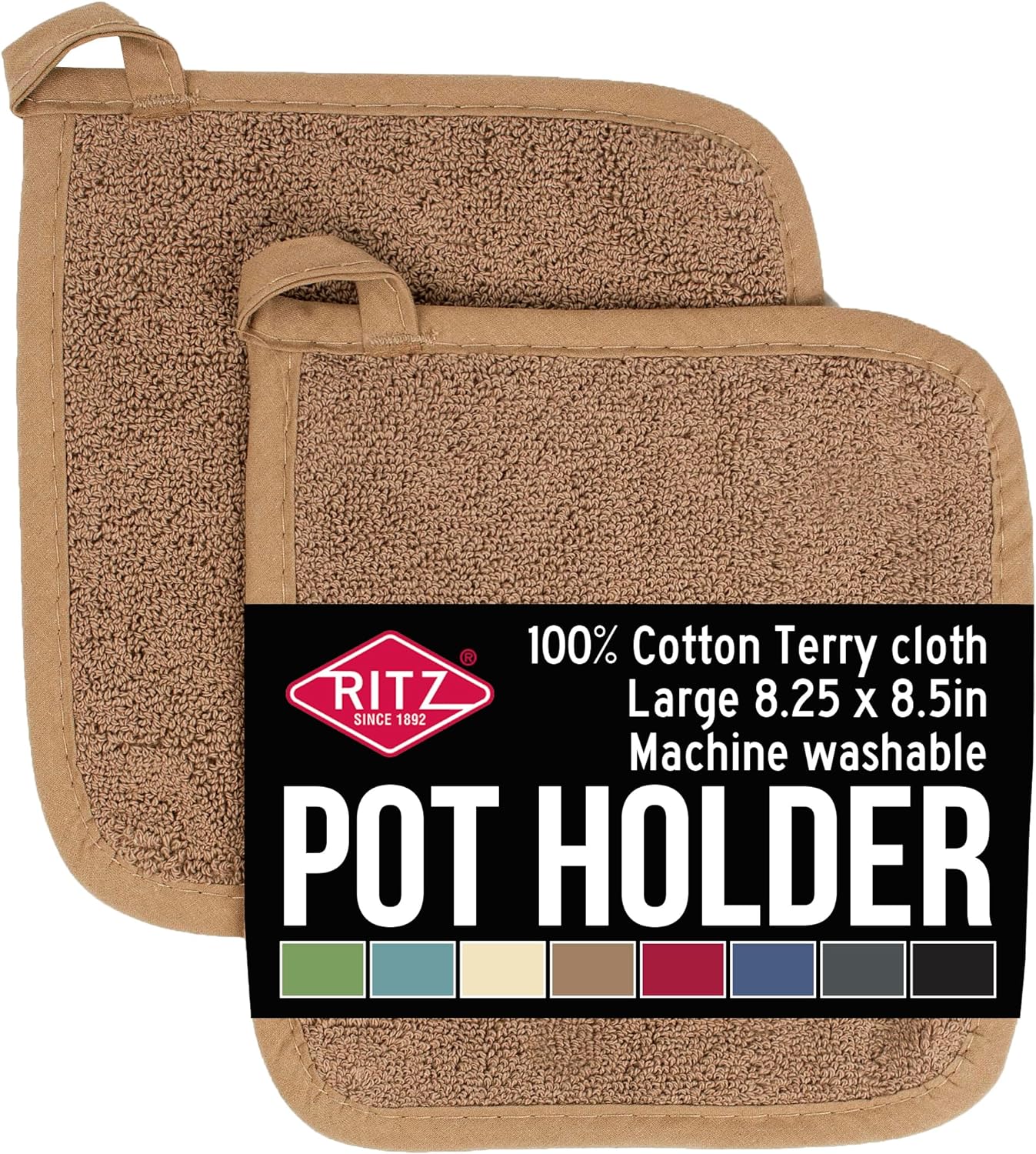 RITZ Terry Potholder & Hot Pad: Unparalleled Heat Resistant, Durable 100% Cotton – Ergonomically Designed for Optimal Grip – Easy-Care Machine Washable – 2-Pack, Mocha