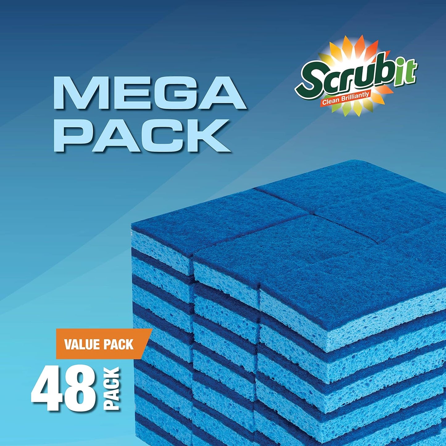 SCRUBIT 48 Pack Kitchen Sponges - Dish Sponge for Washing Dishes, Kitchen & Bathroom – Blue Dishwashing Sponges Along with A Thought Scrubber – Bulk Cleaning sponges Kitchen (Blue)