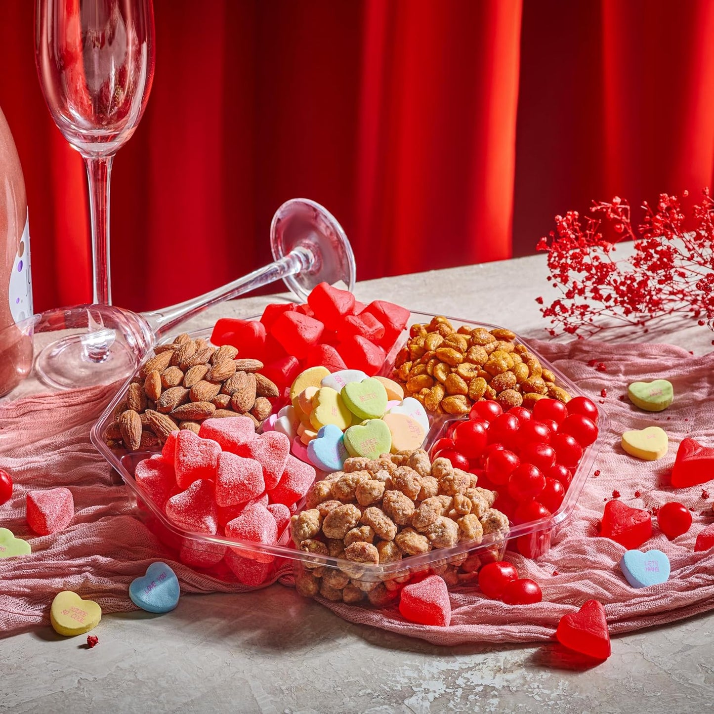 NUT CRAVINGS - Mixed Nuts & Heart Candy Gift Basket in Red Gold Box (7 Assortments, 1 LB) Food Arrangement, Healthy Snack Care Package, Food Assortments