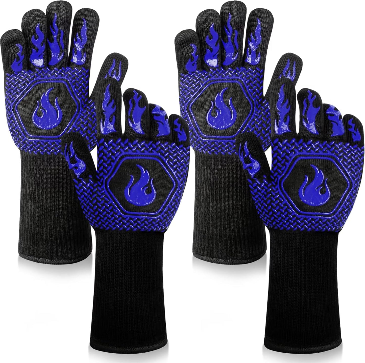 BBQ Fireproof Gloves, Grill Cut-Resistant Gloves 1472°F Heat Resistant Gloves, Non-Slip Silicone Oven Gloves, Kitchen Safe Cooking Gloves for Oven Mitts,Barbecue,Cooking, Frying, Blue（2 Pairs）