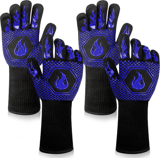 BBQ Fireproof Gloves, Grill Cut-Resistant Gloves 1472°F Heat Resistant Gloves, Non-Slip Silicone Oven Gloves, Kitchen Safe Cooking Gloves for Oven Mitts,Barbecue,Cooking, Frying, Blue（2 Pairs）