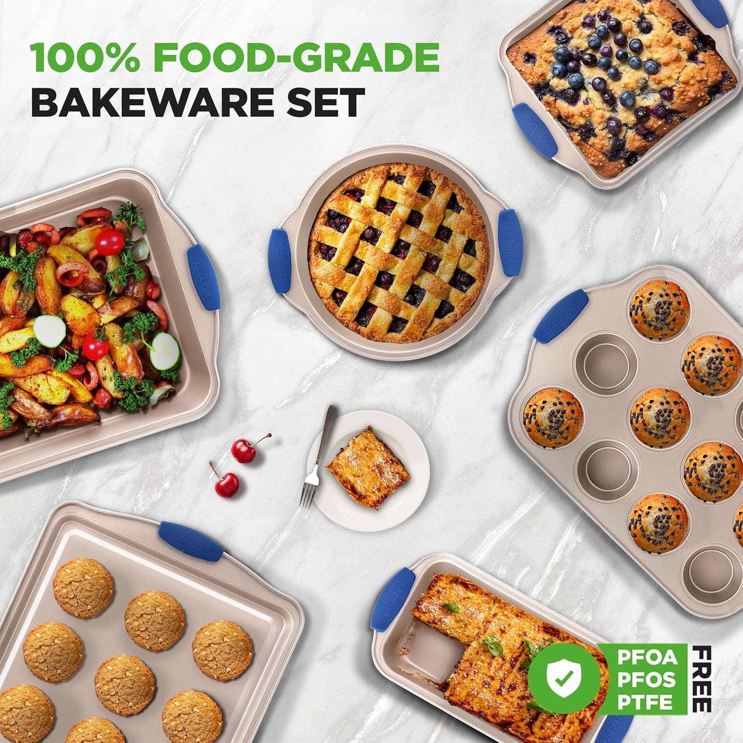 NutriChef 6-Piece Nonstick Bakeware Set - Premium Carbon Steel Baking Trays w/Heat-Safe Silicone Handles - Includes Loaf Pan, Muffin/Cupcake Pan, Round & Square Roaster Pans, Cookie Sheet - NCSBSG36