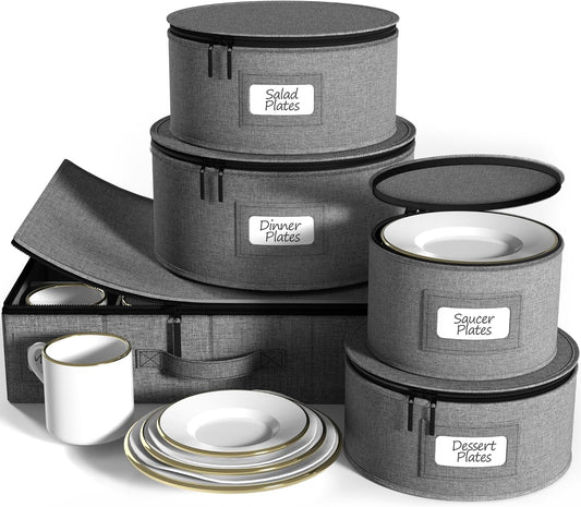 Sorbus China Storage Containers Hard Shell - Glass & Dish Storage Containers for Transport, Moving, Party - 5 Pc. Stackable Plate Storage Set for Dinnerware, Mugs, Cups - Felt Plate Protector included