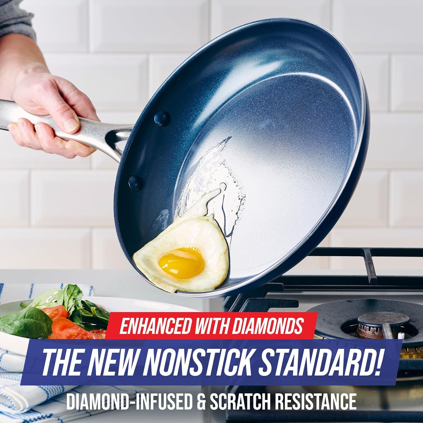 Blue Diamond 10" Nonstick Frying Pan Skillet, Diamond Infused PFAS & PTFE-Free Ceramic Pot, Dishwasher & Oven Safe, Stay Cool Handle, Durable Non Toxic Metal Utensil Safe, Egg & Omelet Pan, Blue