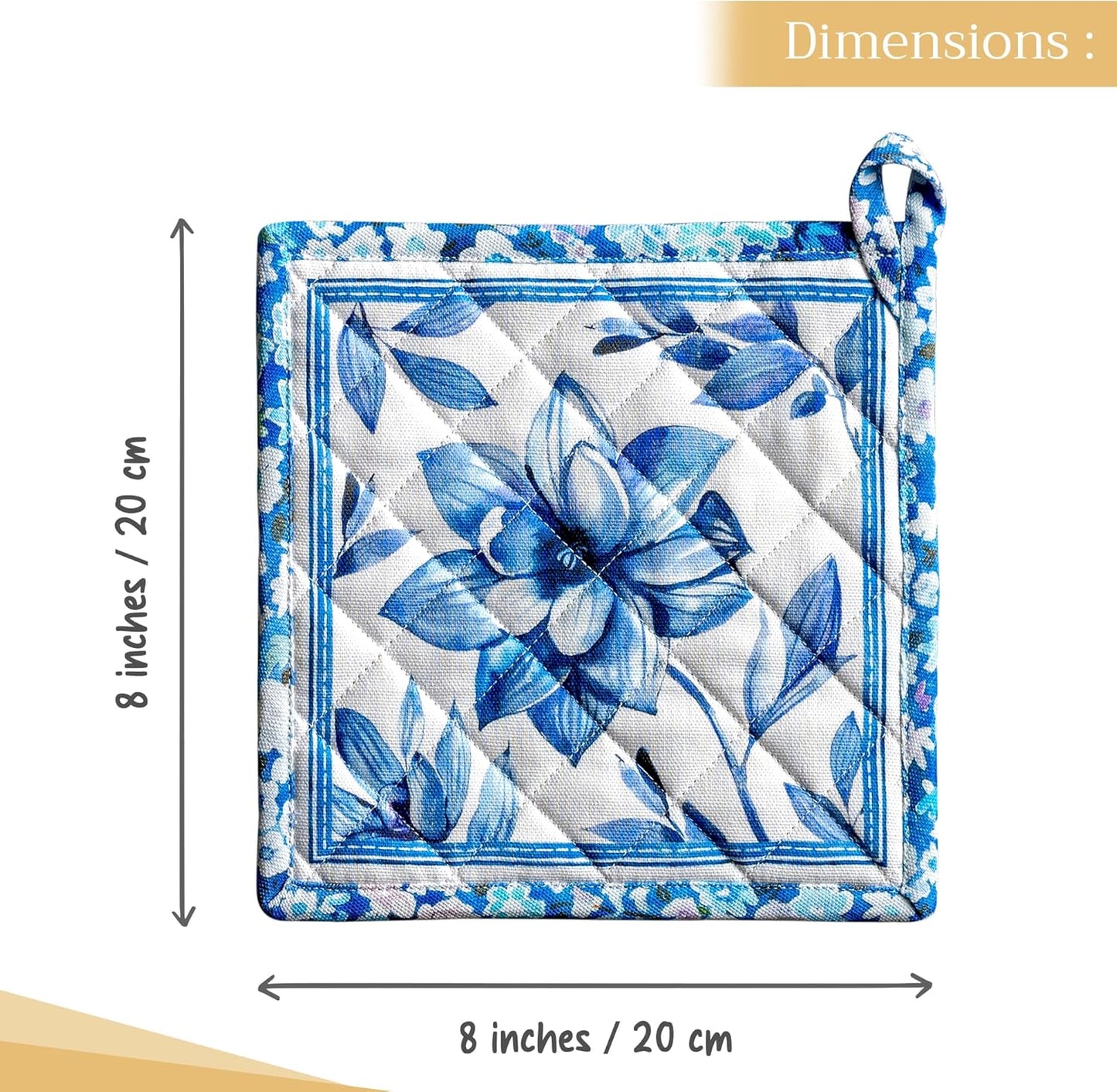 Maison d' Hermine Pot Holders Set 100% Cotton Heat Resistant Potholders 8" x 8" Hot Pads with Loop BBQ, Cooking, Baking, Grilling, Kitchen, Handling Hot Pans Spring/Summer (Pack of 2, Summer Blues)