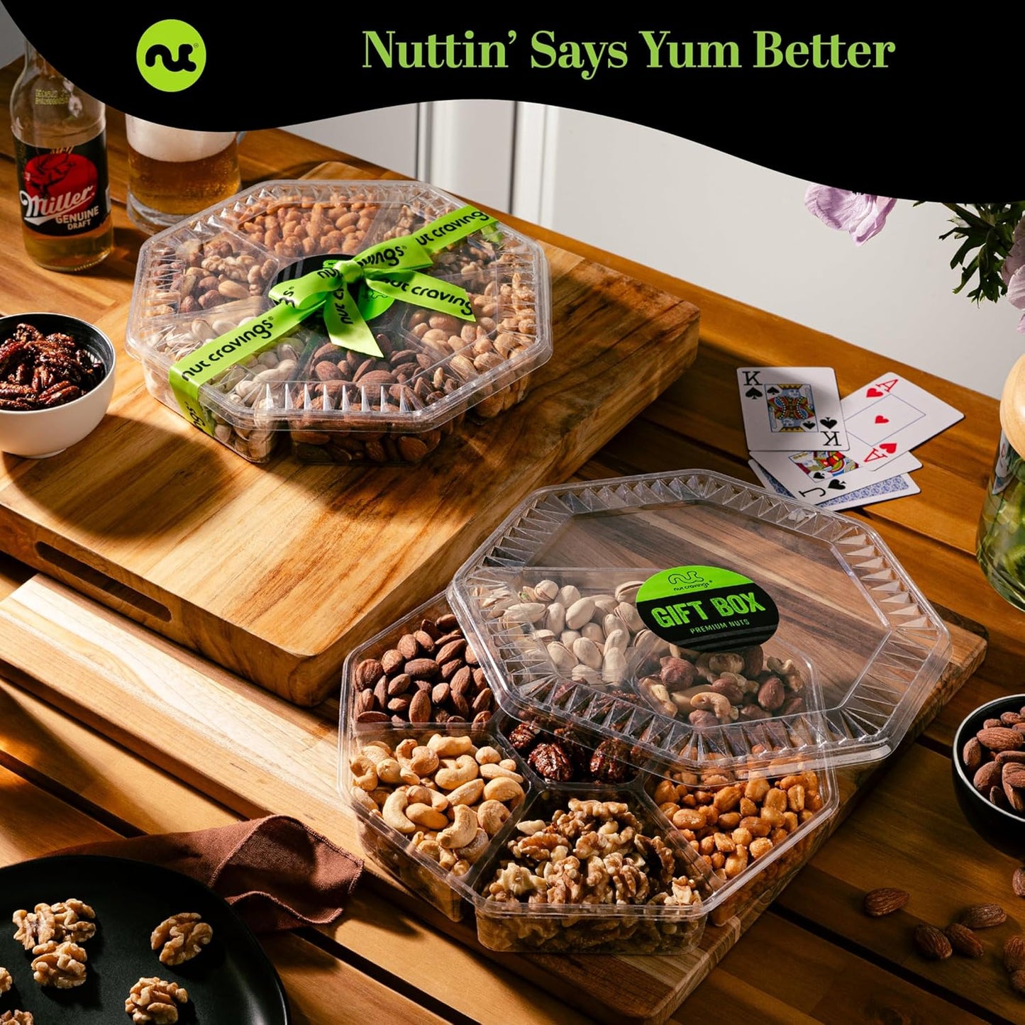 NUT CRAVINGS - Mixed Nuts Gift Basket in Black Gold Box (7 Assortments, 2 LB) Food Arrangement, Healthy Snack Care Package, Food Assortments