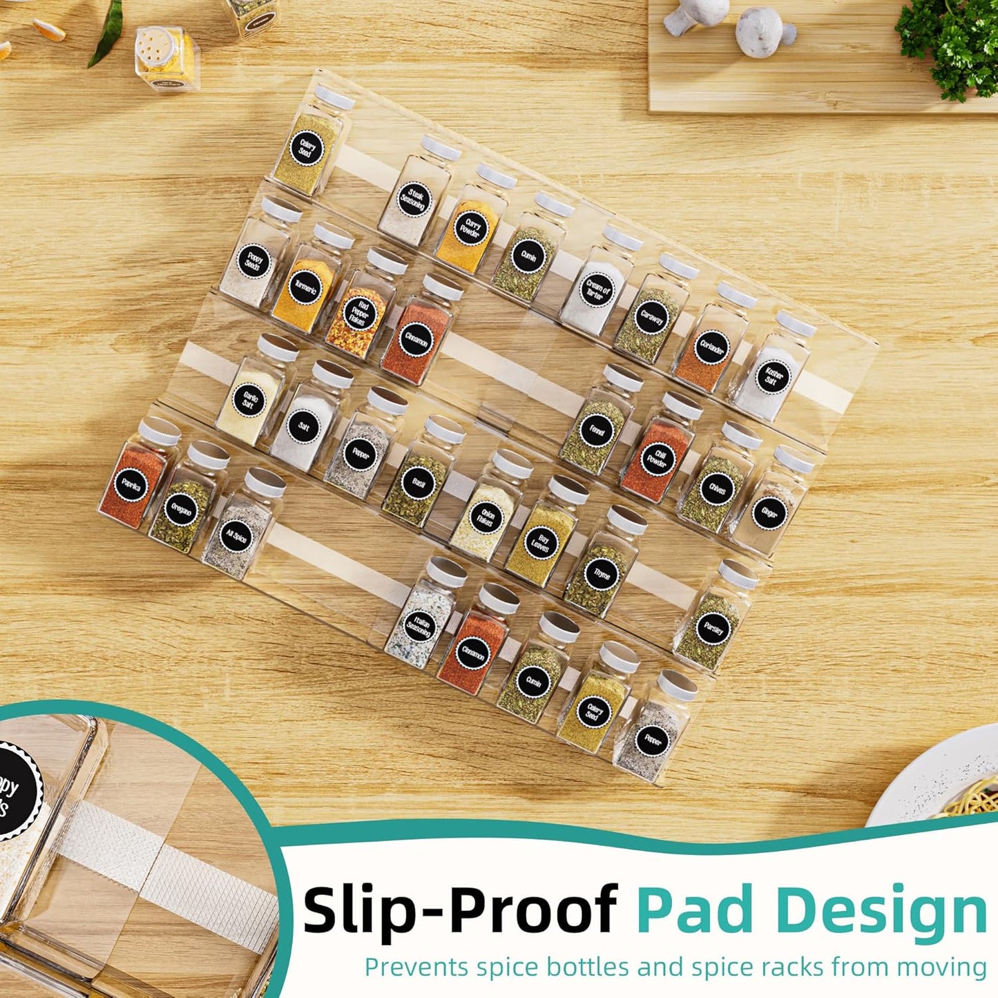 MIUKAA Acrylic Spice Drawer Organizer, 4 Tier - 8 Pack Seasoning Organizer for Drawer, Expandable From 13" to 26" Kitchen Drawer Spice Rack with Slip-Proof Mat (Jars not Included)