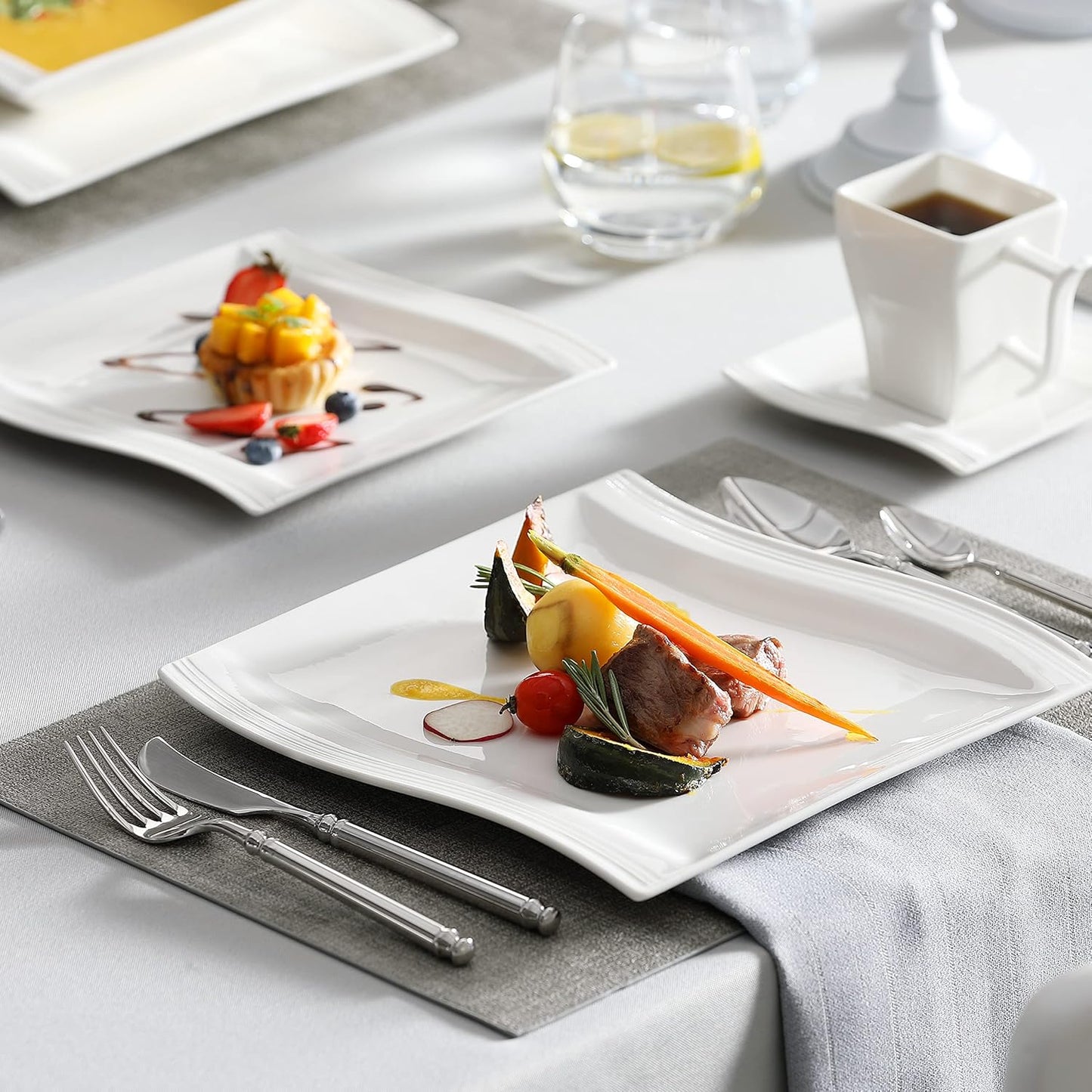 MALACASA Ivory White Dinnerware Sets, 30-Piece Porcelain Plates and Bowls Sets, Modern Dish Set for 6, Square Plates Dinnerware Set Kitchen Dishware Sets, Microwave and Dishwasher Safe, Series Flora