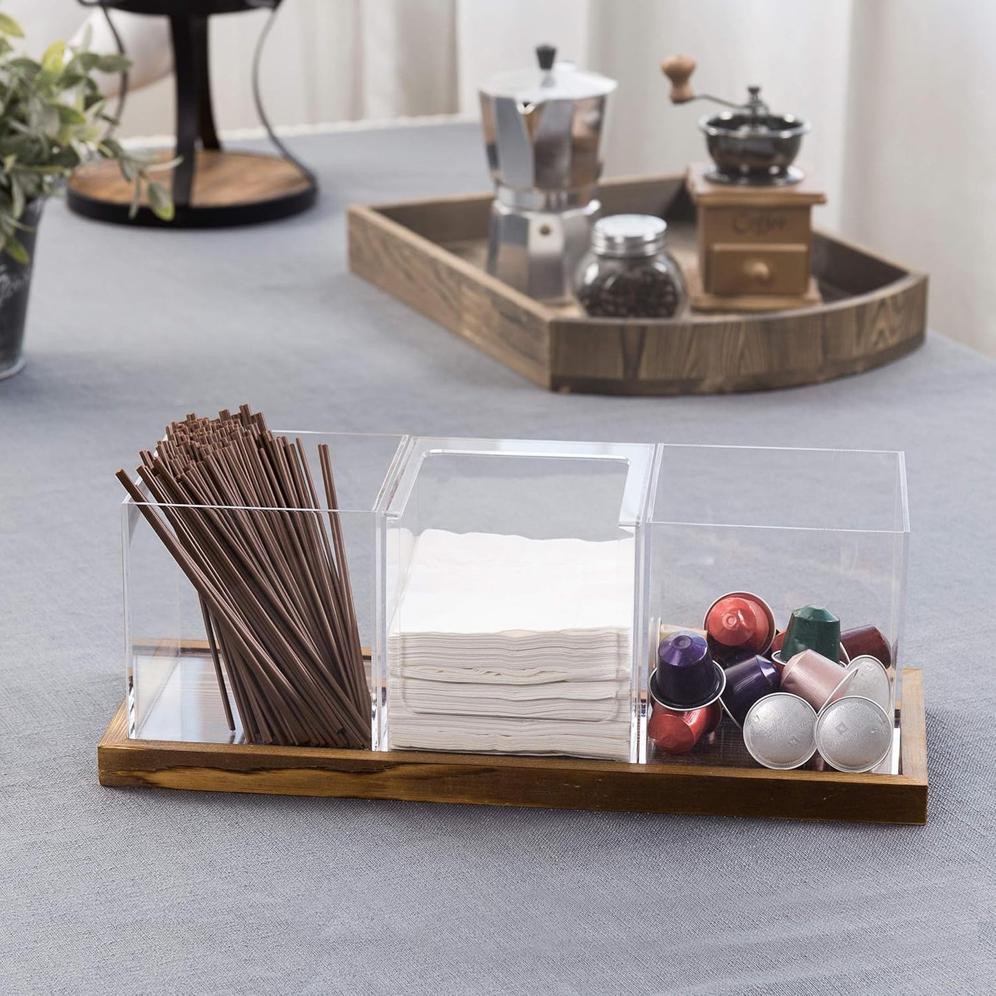 MyGift Modern Modular Coffee and Tea Station Organizer with 3 Removable Premium Clear Acrylic Compartments and Rustic Burnt Solid Wood Decorative Tray, 4 Piece Set