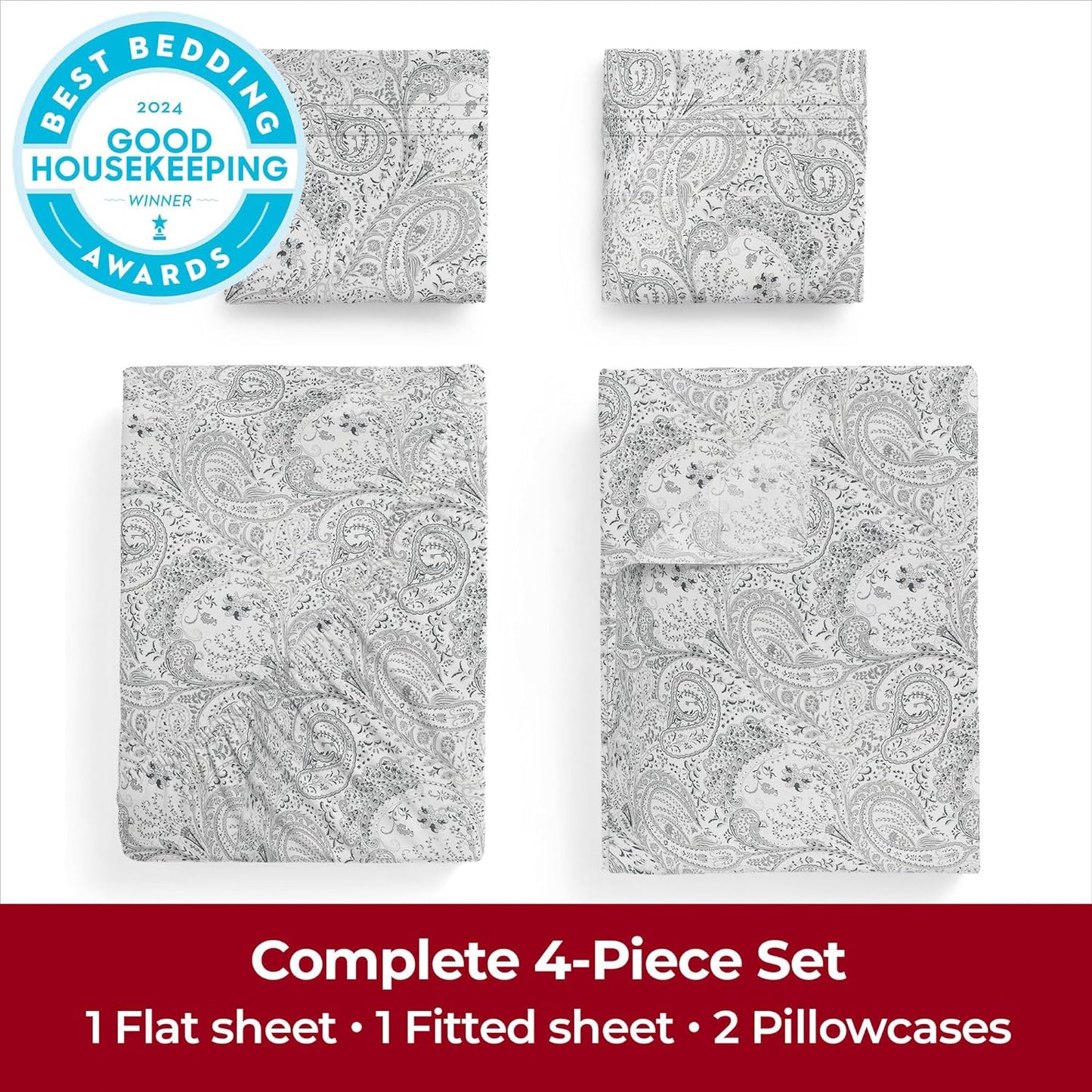 Mellanni Full Sheets Set - 4 PC Iconic Collection Bedding - Hotel Luxury, Extra Soft, Cooling Bed Sheets - Wrinkle, Fade, Stain Resistant (Full, Paisley Gray)