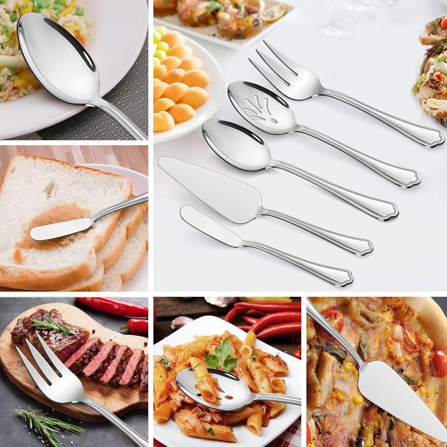 LIANYU 53-Piece Silverware Flatware Set for 8, Plus Steak Knives and Serving Utensils, Stainless Steel Flatware Cutlery Set, Eating Utensils Tableware with Scalloped Edge, Dishwasher Safe