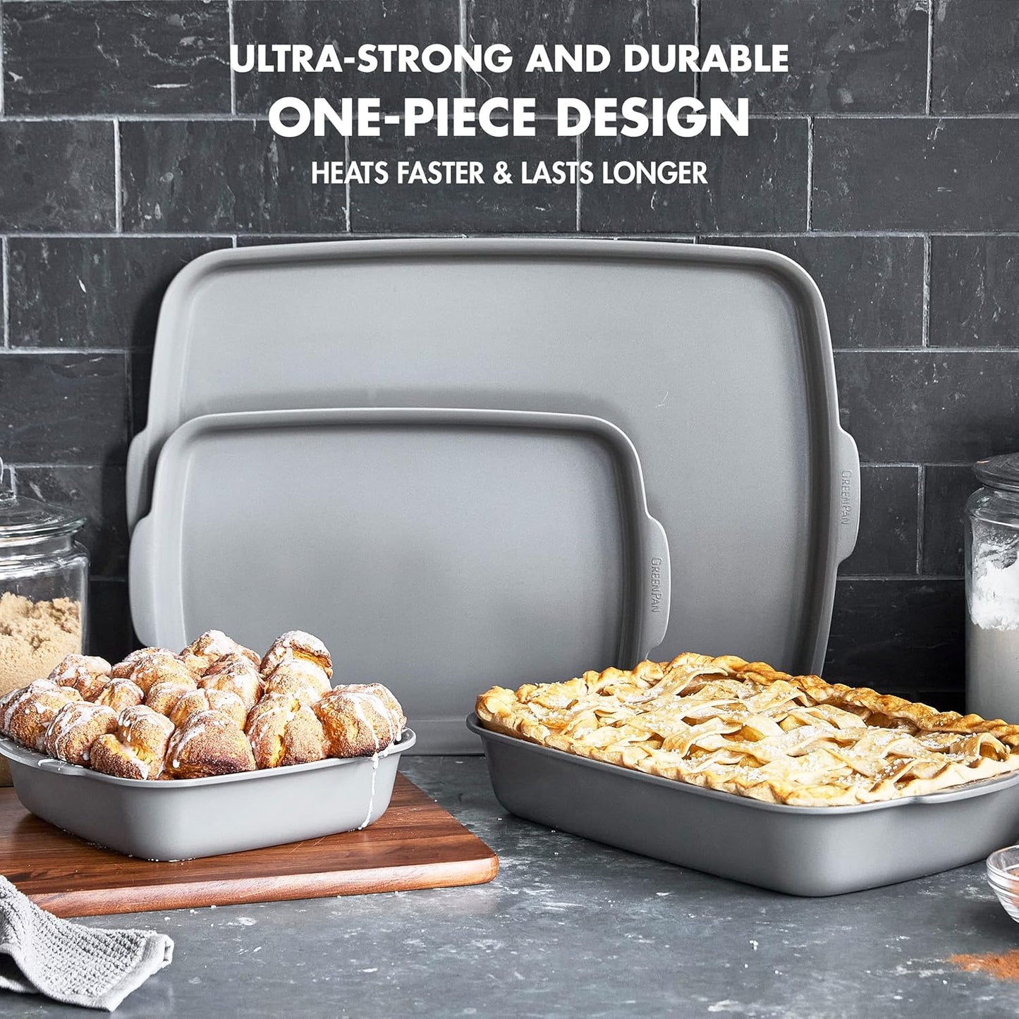 GreenPan Premiere Ovenware Healthy Ceramic Nonstick 4 Piece Bakeware Set, PFAS-Free, Rectangular, Square, Quarter, Half Sheet Baking Pans, Warp-Free, Oven Safe to 600F, Dishwasher Safe, Gray
