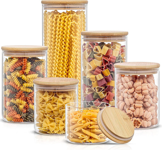 JoyJolt Borosilicate Glass Jars With Bamboo Lids. 6 Pc Set of Air Tight Sealable Containers. Food Jar Canisters with Airtight Lid for Pantry Storage and Kitchen Organization.
