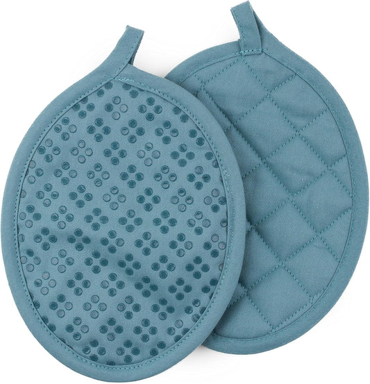 Sticky Toffee Silicone Pot Holders Set of 2, Blue, Heat Resistant to 500°F, Non-Slip Oven Hot Pads with Oeko-Tex Cotton Shell, 7 x 9 in
