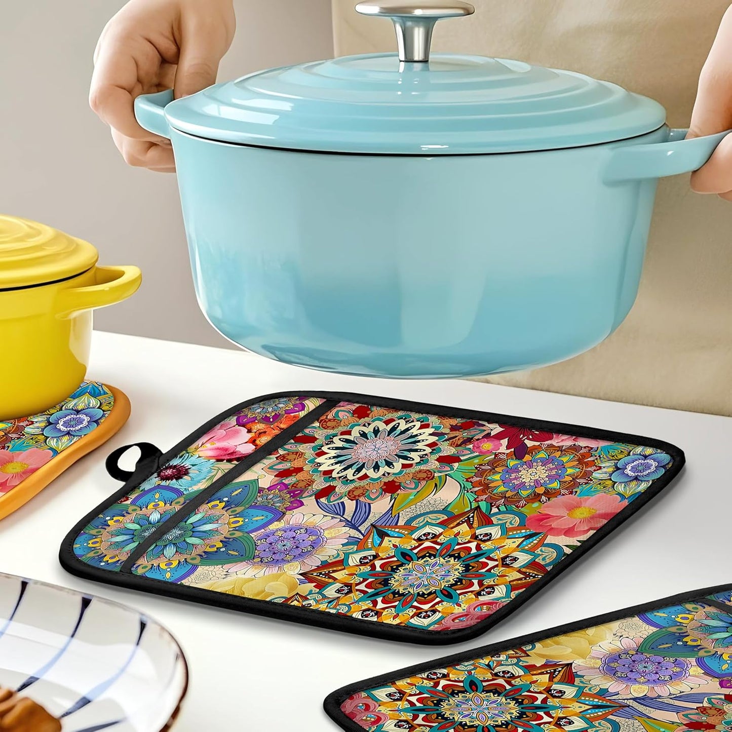 Boho Floral Oven Mitts Set, Vintage Luxury Colorful Flower Floral Heat Resistant Kitchen Oven Gloves for Baking and Cooking,Pot Holders