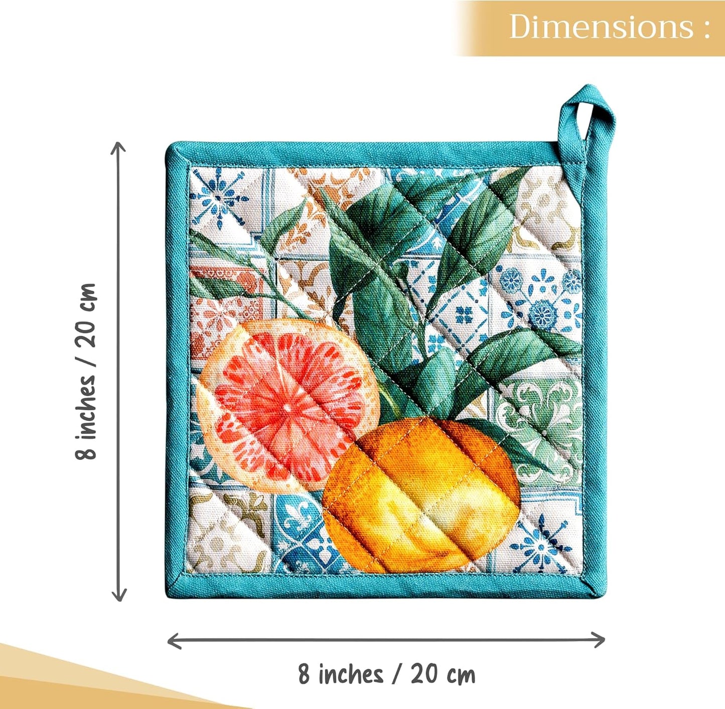 Maison d' Hermine Pot Holders Set 100% Cotton Heat Resistant Potholders 8" x 8" Hot Pads with Loop BBQ, Cooking, Baking, Grilling, Kitchen, Handling Hot Pans Spring/Summer (Pack of 2, Agrume)