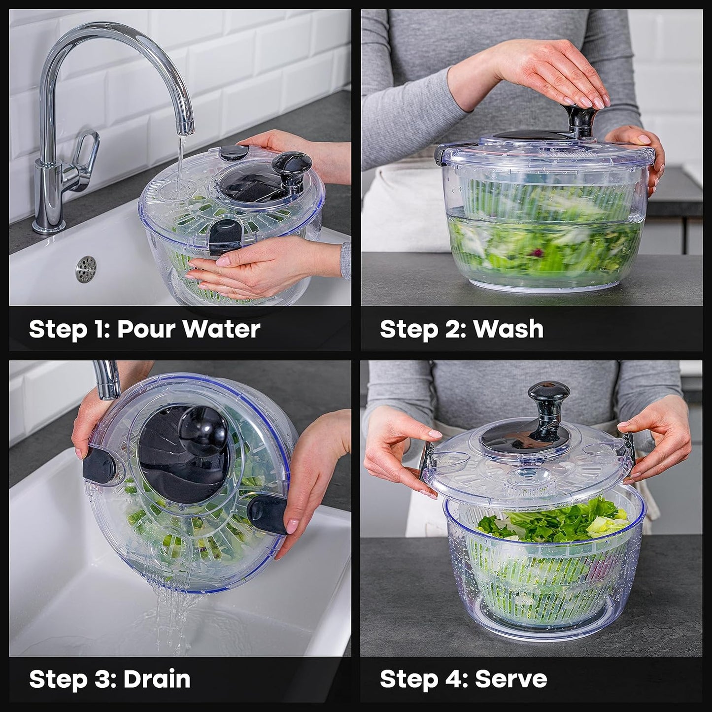 Joined Large Salad Spinner with Drain, Bowl, and Colander - Quick and Easy Multi-Use Lettuce Spinner, Vegetable Dryer, Fruit Washer, Pasta and Fries Spinner - 5.28 Qt