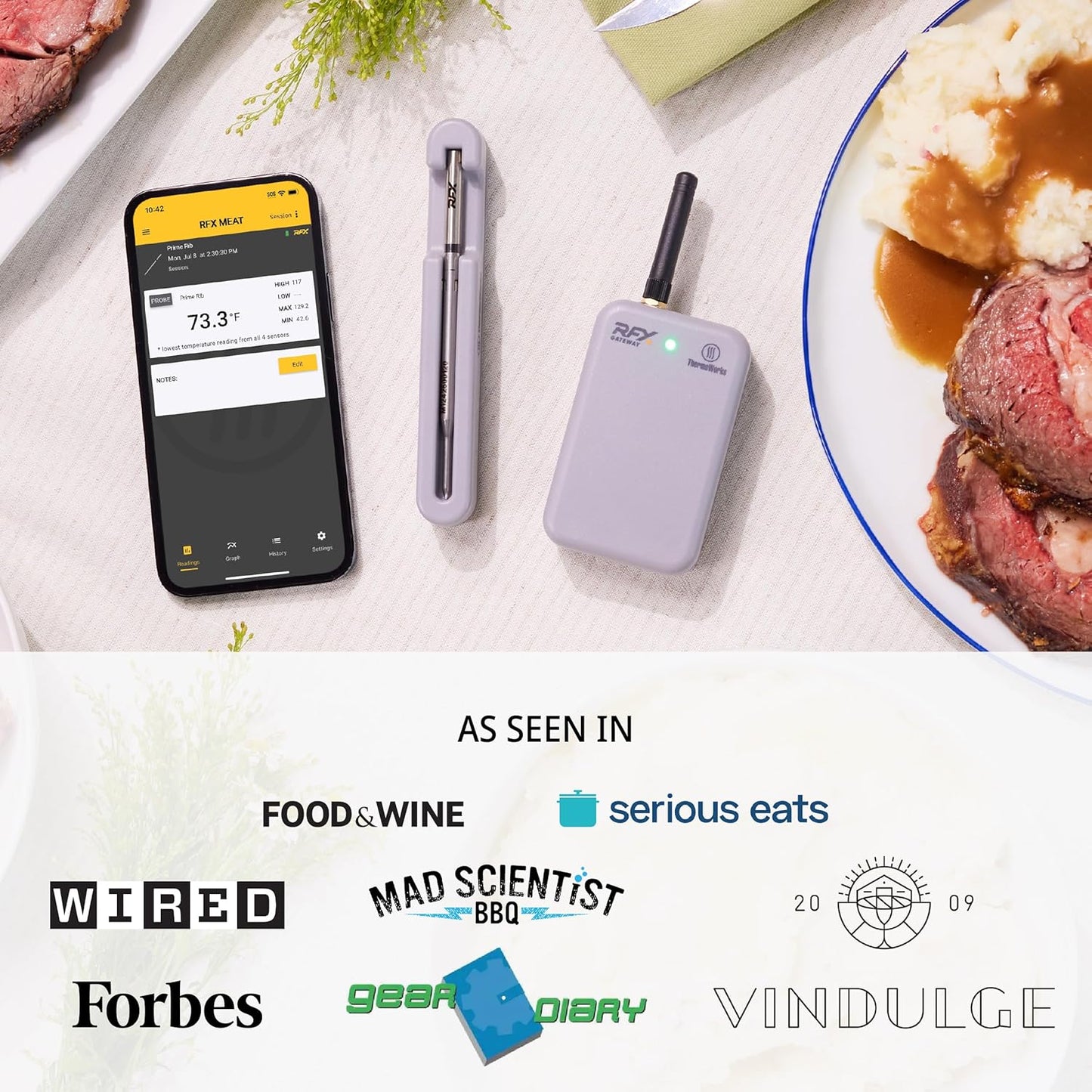ThermoWorks RFX | Smart Wireless Meat Thermometer | Wi-Fi & Radio Frequency | Stronger Signal Than Bluetooth | Meat Probe for Use in Smoker, Grill, BBQ, Oven - 2-Probe Kit
