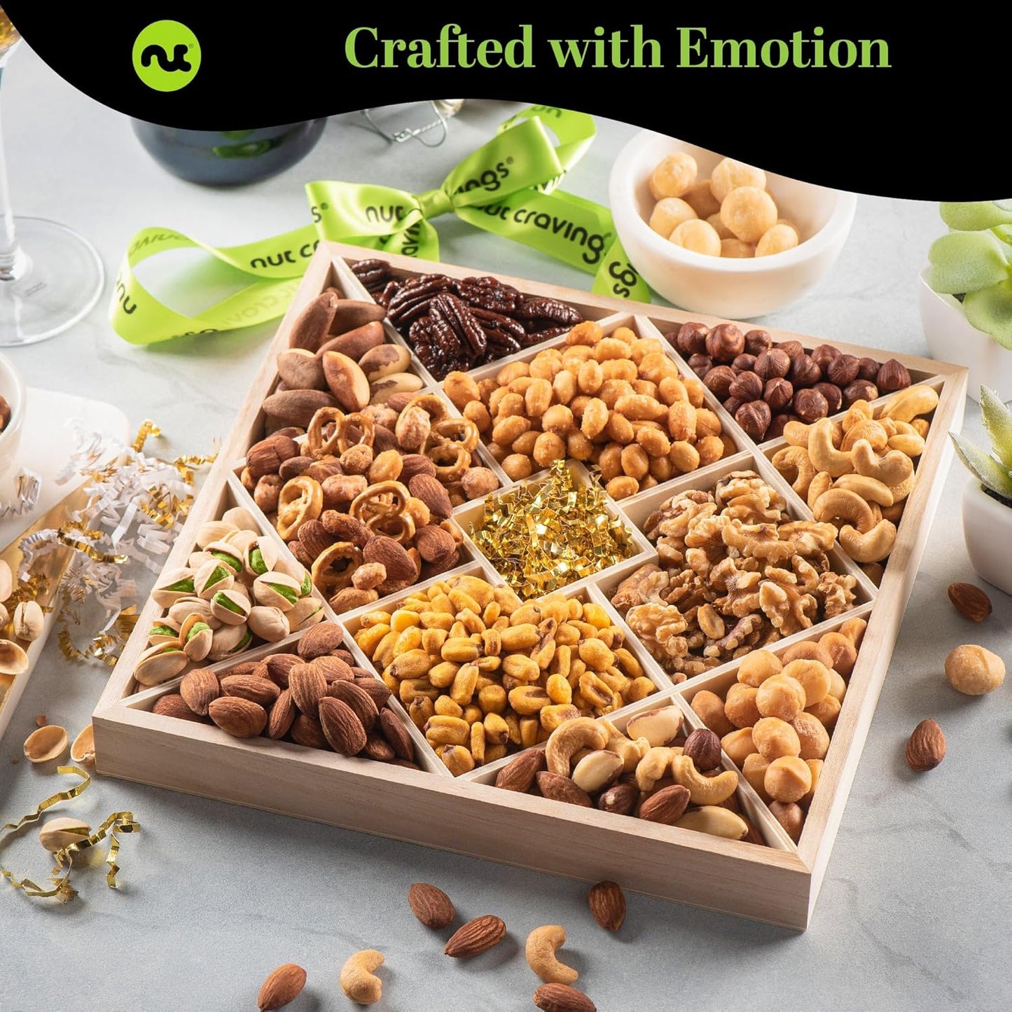 NUT CRAVINGS - Mixed Nuts Gift Basket in Reusable Diamond Wooden Tray + Green Ribbon (12 Assortments) Food Arrangement, Healthy Snack Care Package, Food Assortments
