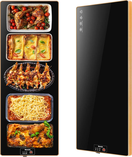 Electric Warming Tray (Extra Long 47”x12”)，Food Warmers for Parties Buffet with Thermostat&Full Surface Heating, Tempered Glass Warming Mat for Food, Temperature Adjustable Gold Edges Food Warming Mat