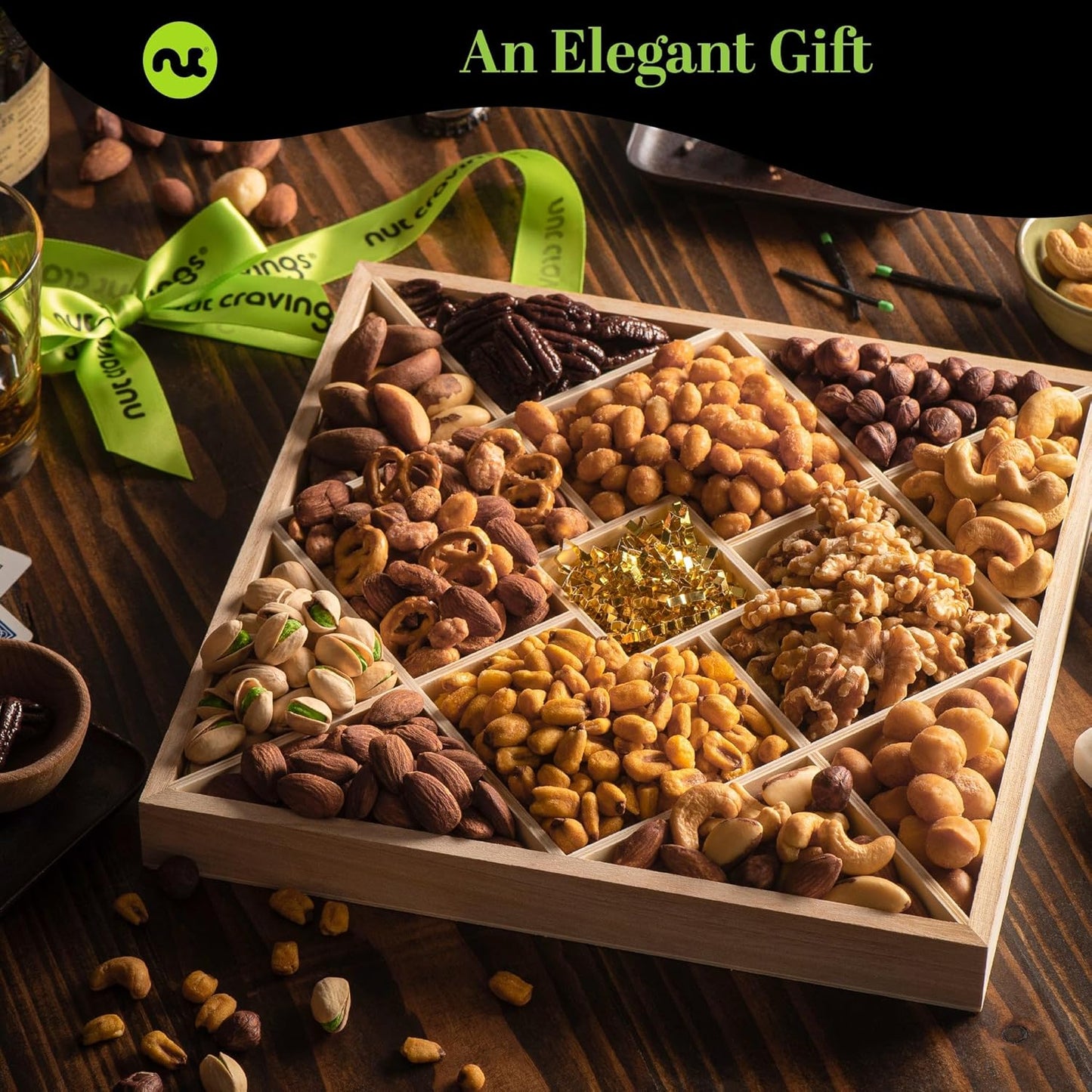 NUT CRAVINGS - Mixed Nuts Gift Basket in Reusable Diamond Wooden Tray + Green Ribbon (12 Assortments) Food Arrangement, Healthy Snack Care Package, Food Assortments
