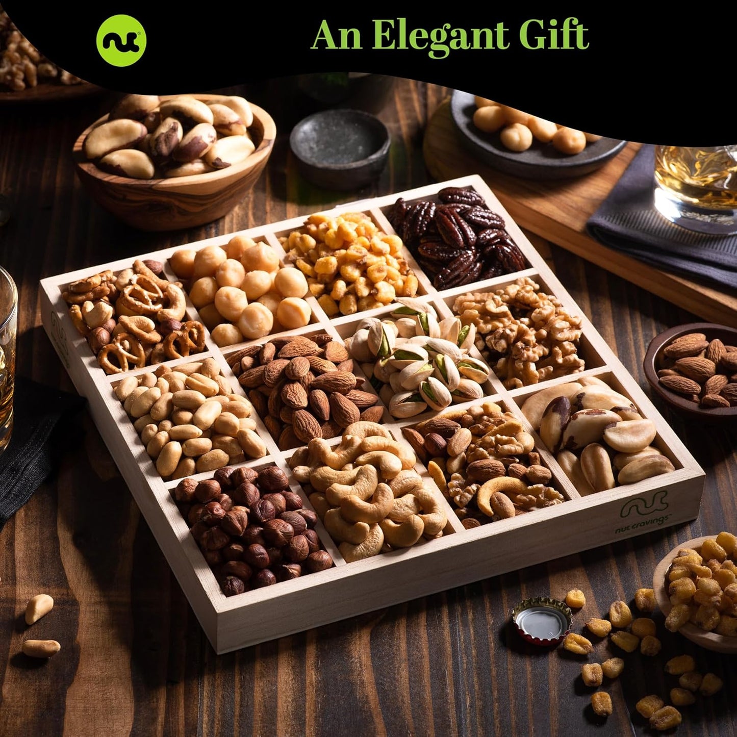 NUT CRAVINGS - Mixed Nuts Gift Basket in Reusable Wooden Tray + Green Ribbon (12 Assortments) Food Arrangement, Healthy Snack Care Package, Food Assortments